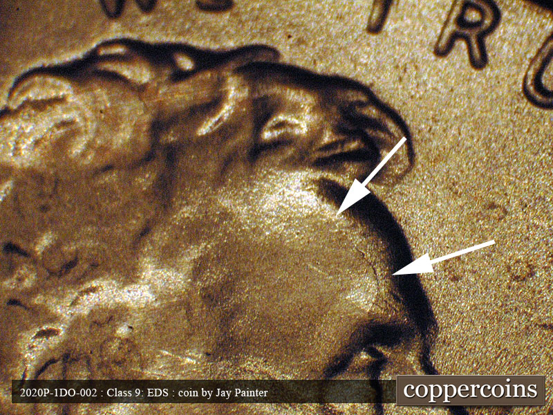 Die-stage C marker on 2020P•1DO•002 showing Die crack on Lincolns forehead.
