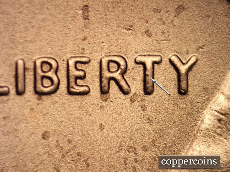 2020 Lincoln cent obverse, CopperCoins die 2020P•1DO•003 — Doubling shows on BERTY of LIBERTY. Small die chip on T of LIBERTY.