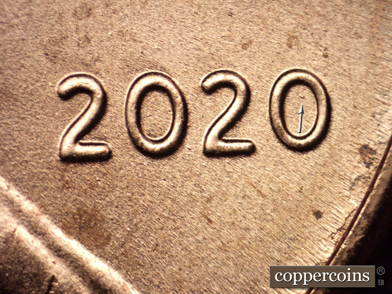 Die-stage B marker on 2020P•1DO•003 showing Doubling shows as extra thicknes on first 20 in date, Die dot in last 0 in date.