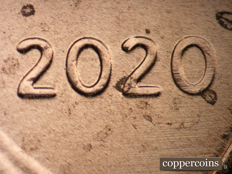 2020 Lincoln cent obverse, CopperCoins die 2020P•1DO•004 — Mild extra thickness on date.