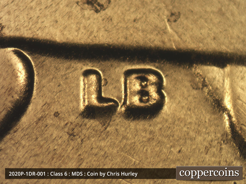 2020 Lincoln cent obverse, CopperCoins die 2020P•1DR•001 — Extra thickness shows in the LB initials to the lower left of the shield.