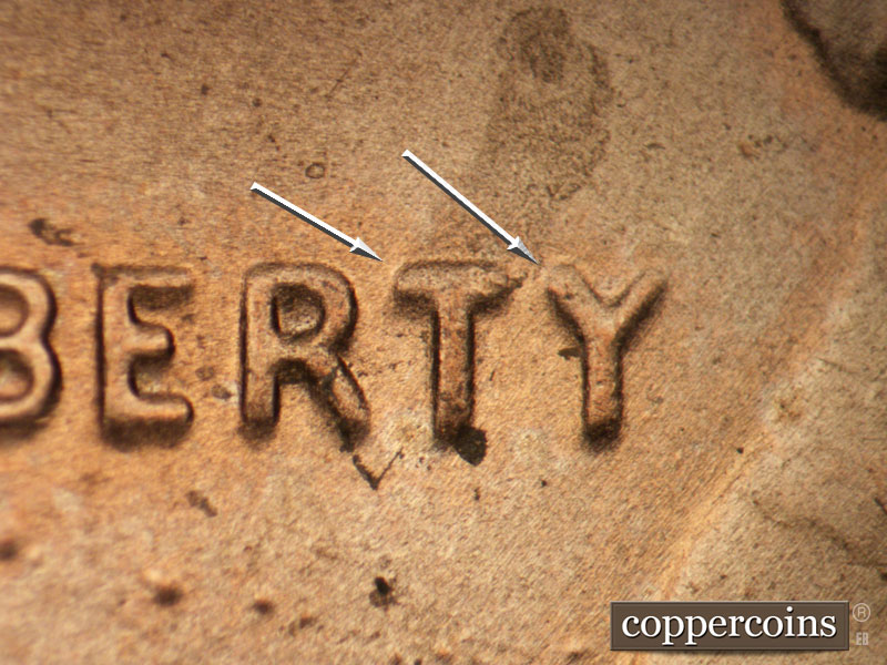 2021 Lincoln cent obverse, CopperCoins die 2021P•1DO•005 — Doubling show as notching in upper left of TY in LIBERTY.