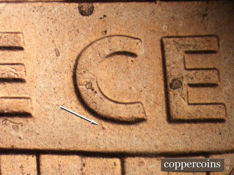 Die-stage B marker on 2021P•1DO•005 showing Die gouge under C in CENT.