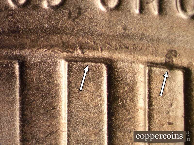 Die-stage B marker on 2024D•1DR•001 showing Extra crown border.