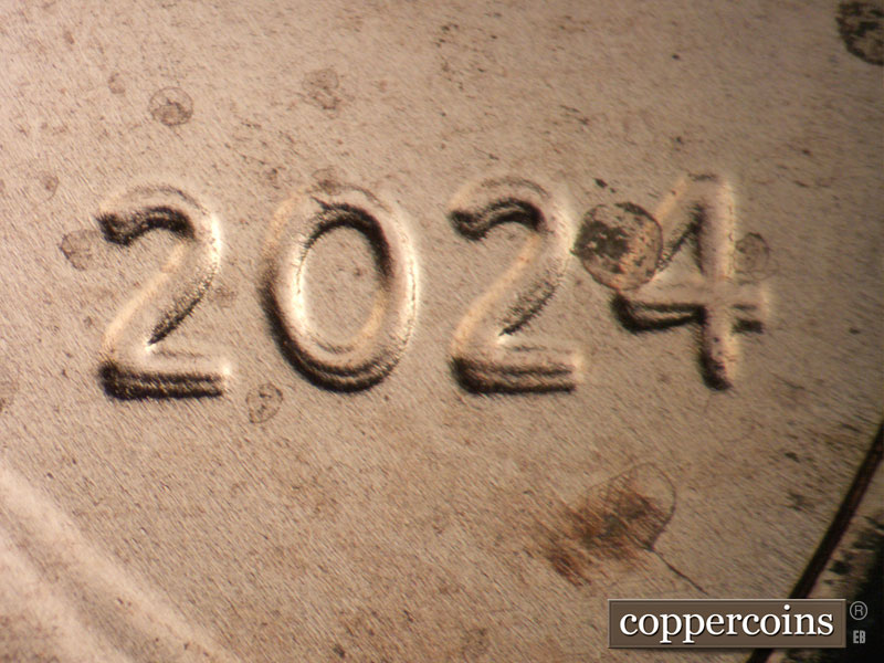 2024 Lincoln cent obverse, CopperCoins die 2024P•1DO•001 — Nice doubling seen on date.