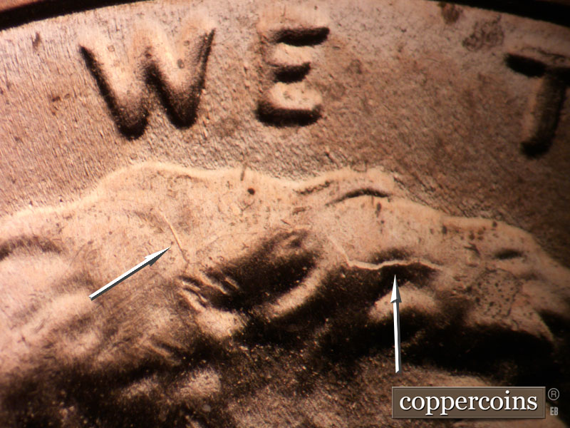 Die-stage C marker on 2024P•1DO•001 showing Doubling shows on WE, Die gouge in hair under W in WE, Die crack in hair.