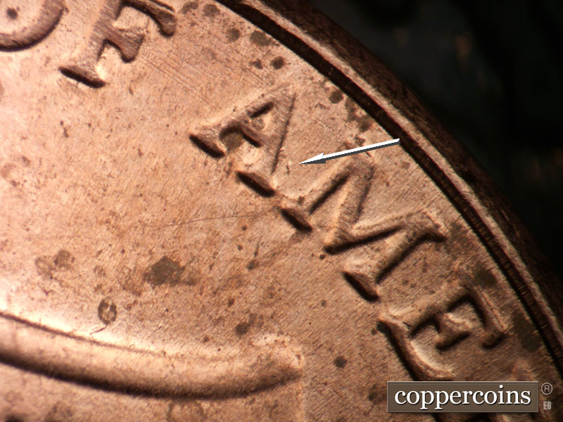 Die-stage C marker on 2024P•1DO•001 showing Small die dot near first A in AMERICA.
